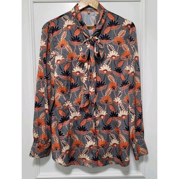 Hawes & Curtis Tops - Hawes & Curtis Navy Rust Floral Bow Neck Button Up Office Blouse Sz 22uk/18us